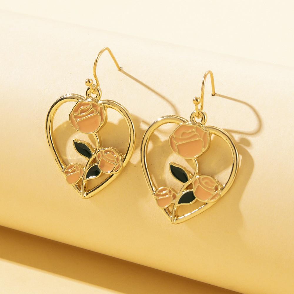 Alloy Heart-shaped Rose Flower Earrings Summer 2022 Trendy Stylish Fashion Jewelry