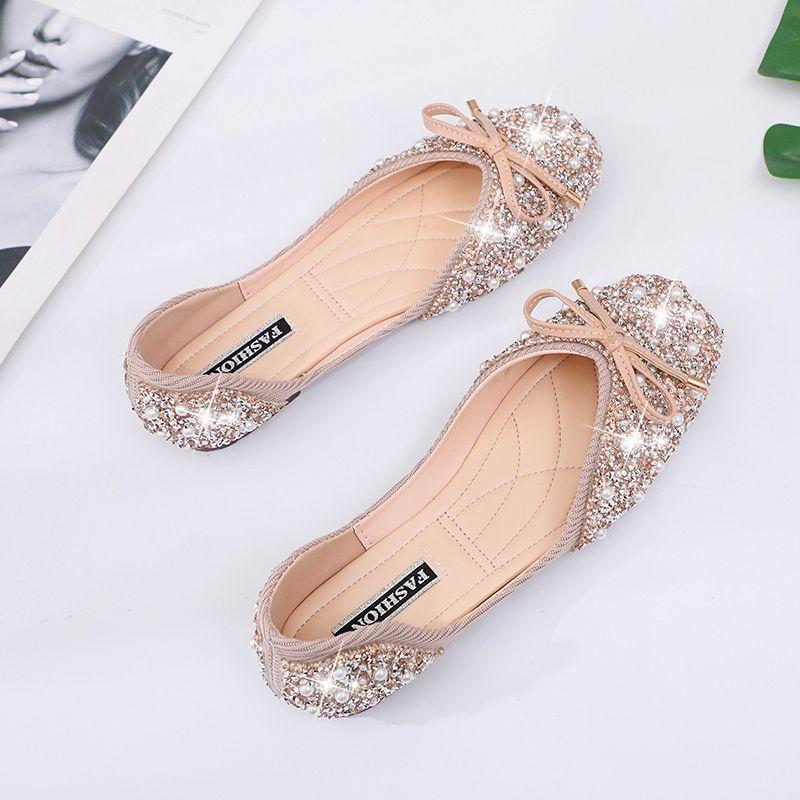 Single Shoes Women's Rhinestones 2025 Summer-autumn Korean Version of Internet Celebrity Bow Pumps Pearl Sleeves Flat Granny Shoes