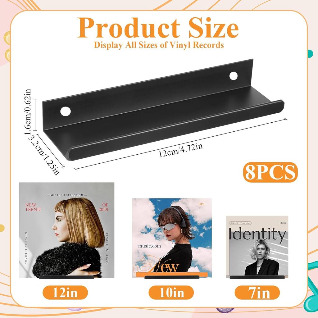 8 Pack Vinyl Record Shelf Wall Mount, Black Metal Vinyl Holder, Wall Display Shelf Record, Minimalist Album Display Holder Storage Hanger for Music