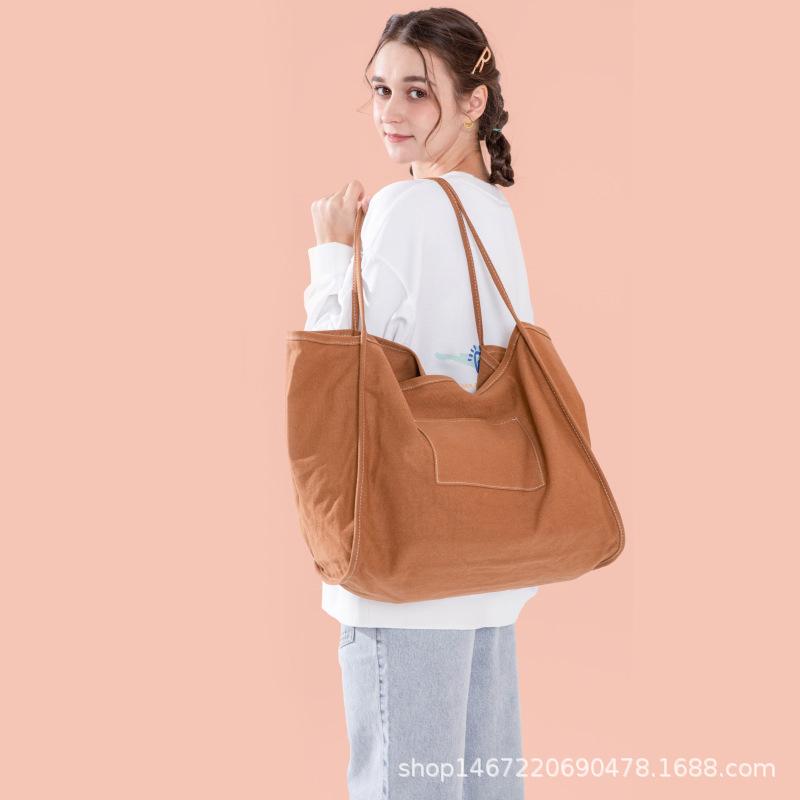 Solid Color Canvas Bag Women'S Large-Capacity Bag Korean Lazy Wind Shoulder Bag Washing Water Bag