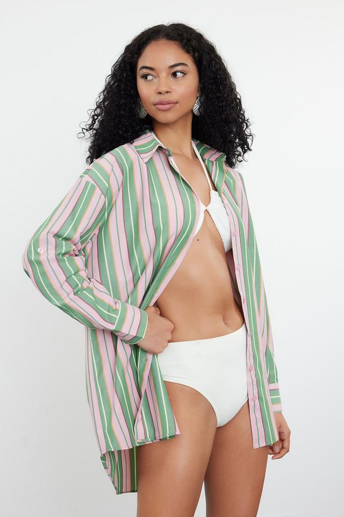 Women's Style Shirt Green Striped Woven Shirt