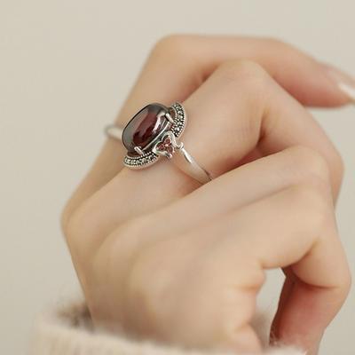 Luxury Temperament Oval Red Gemstone Ring For Women Retro New Chinese Style Adjustable Opening Stainless Steel Ring Jewelry Gift