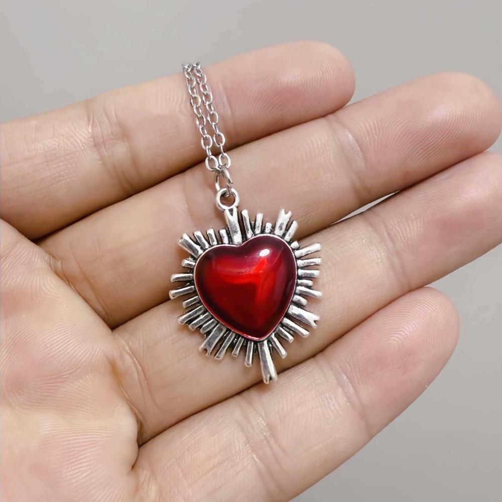 Gothic Romantic Handicrafts Silver Color-edged Red Black Sacred Heart Dangle Earrings Necklace for Women Halloween Party Jewelry