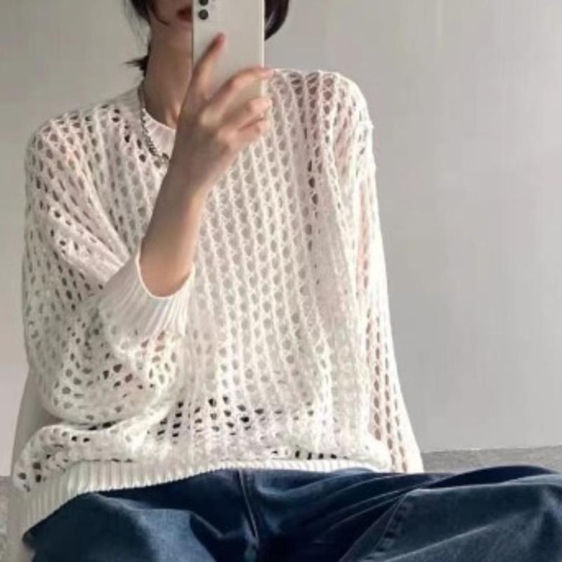 Knitted Hollow Out Sun Protection Clothing for Women In Summer, Thin and Loose Design, Niche and Unique, Hanging Long Sleeved Top, Top