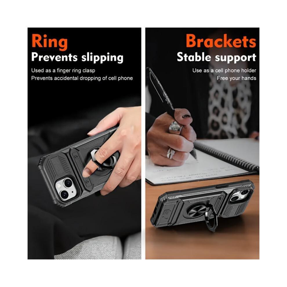 (Black) Shockproof Armor Hard Case Cover with Wallet Credit Card Slot & Ring Stand Function, Anti-fall Phone Cover, Phone Case