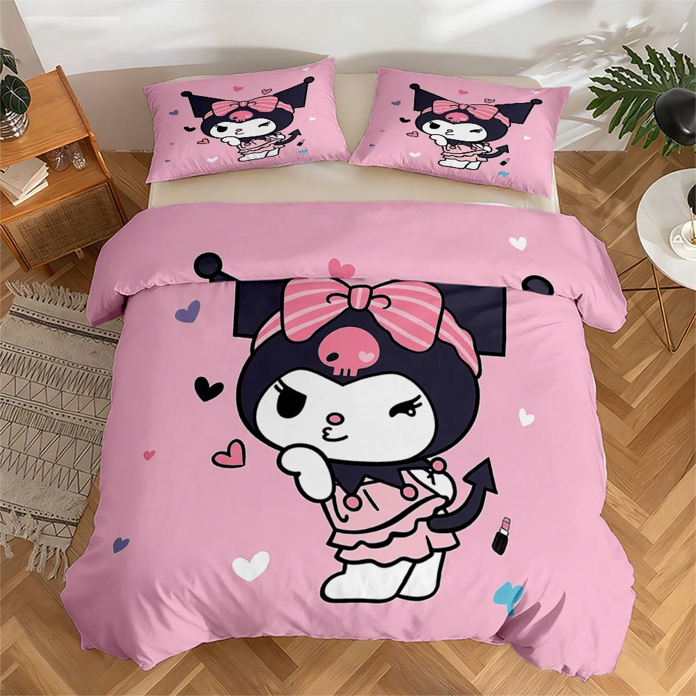 

3-Piece High-Definition Digital Print Bedding Set, Kuromi Large Floral Pattern Duvet Cover Set, Includes 1 Duvet Cover + 2 Pillowcases 155x200cm