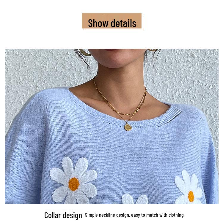 Sweet Floral Embroidered One-Shoulder Knit Pullover Sweater - 2024 European & American Style