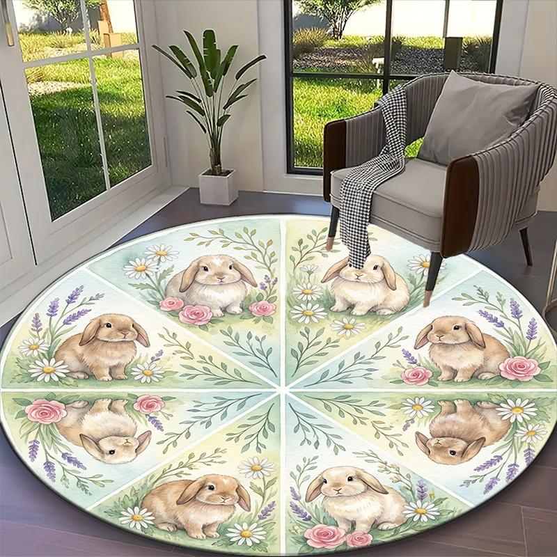 1pc Playful Bunny Rabbit Printed Chair Rug for Home Office Use, Living Room Kitchen Game Room Round Carpet