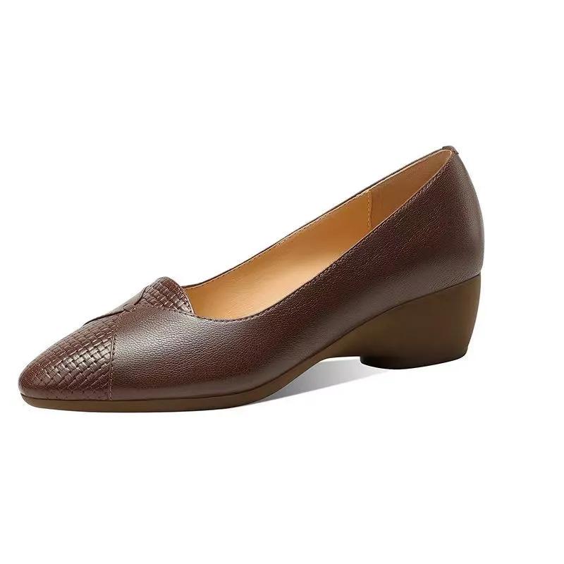  Zapatos De Mujer Women Casual Pointed Toe Black Soft Leather Spring Slip On Wedge Heel Shoes Lady Brown Pumps Ab620
