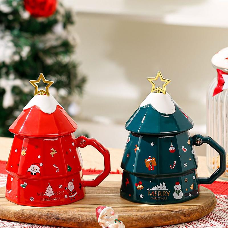 Creative Cartoon Cute Christmas Pattern Milk Coffee Cups, Ceramic Household Office Items, Porcelain Water Mugs With Lid Cup, 1Pc