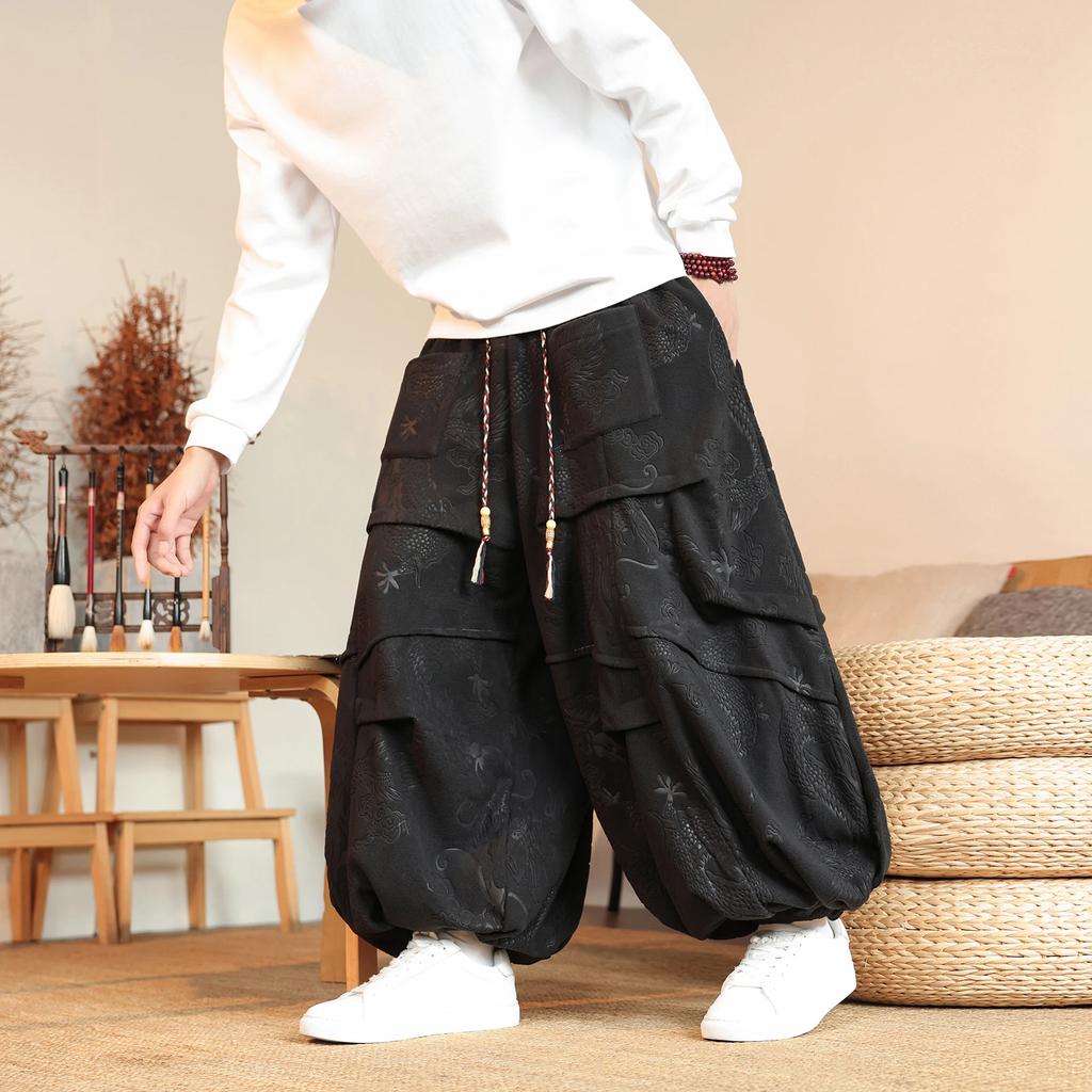 Men Chinese Style Harem Pants Men Dragon Pattern Lamb Fleece Pants Male Pleated Wide Leg Pants Male Harajuku Lantern Trousers