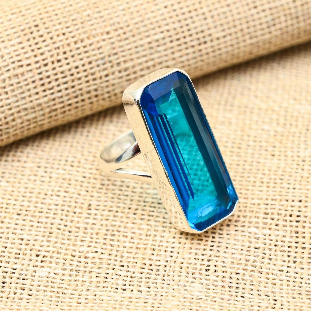 Attractive Blue Topaz Gemstone Handmade 925 Solid Sterling Silver Jewelry Ring For Women