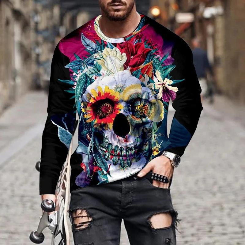 Long Sleeve T-Shirts Skull 3D Printed Streetwear Men's Round-Neck Horror Halloween Man Tops Loose Gothic Round-Neck Tees T Shirt