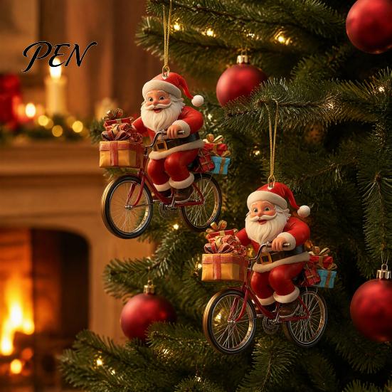 Santa Claus Gift Bag Tags 2Pcs Christmas Riding Bicycle Acrylic Hanging Ornament, Car Lightweight Ornaments Interior Rearview Mirror Charm,