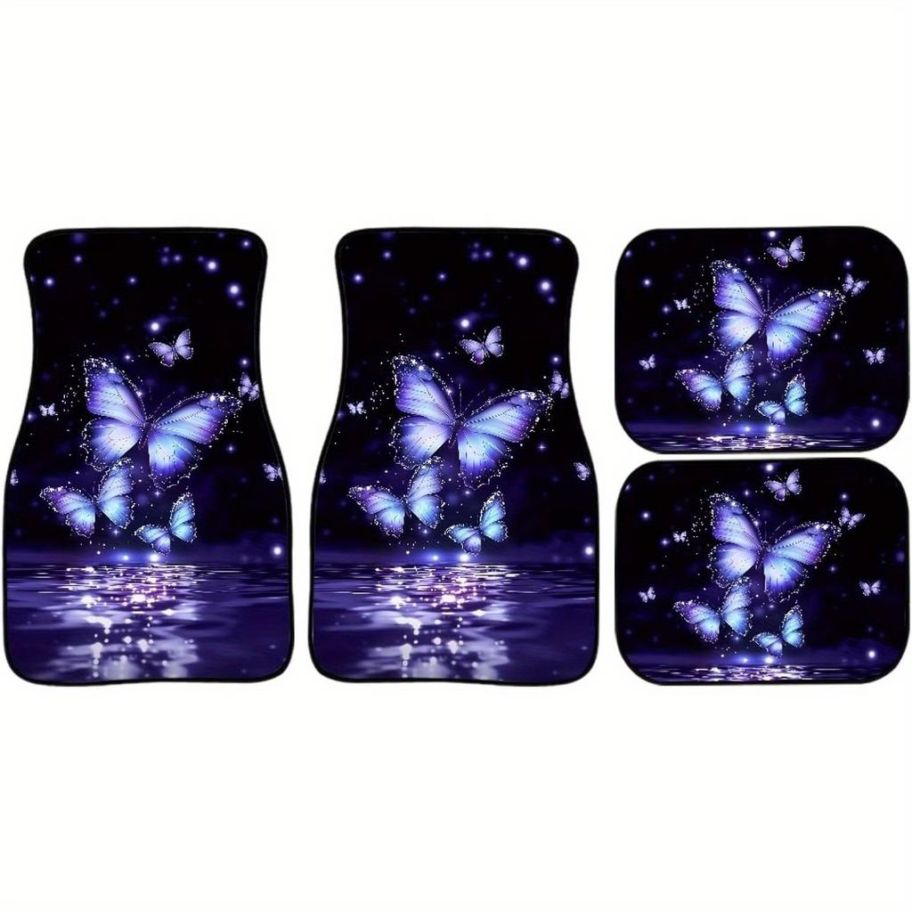 4pcs Purple Blue Butterfly Print Car Floor Mats | Durable Waterproof Universal Fit Automotive Carpet Set for Women, Interior Car Care, Decorative Mats