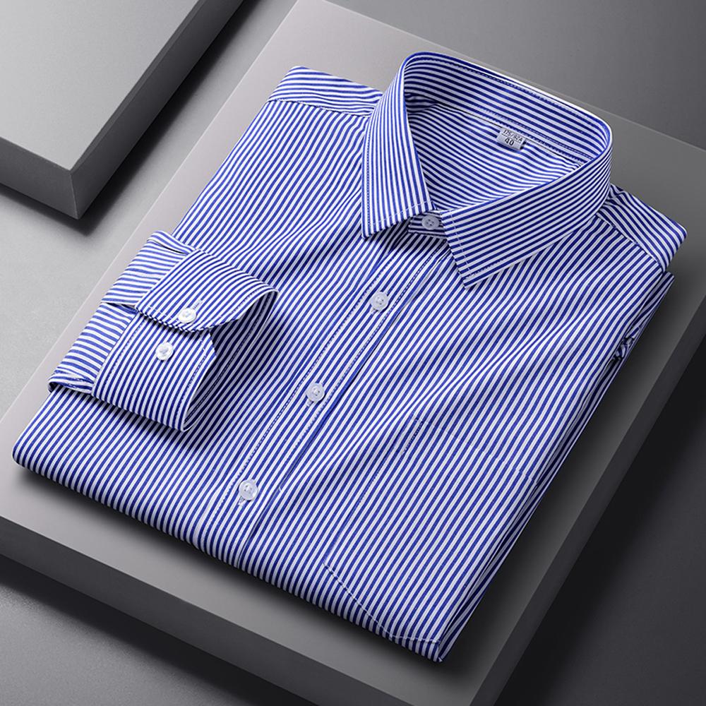 Men's Spread Collar Long Sleeve Striped Dress Shirt with Chest Pocket - Classic Business Formal for Office & Professional Wear