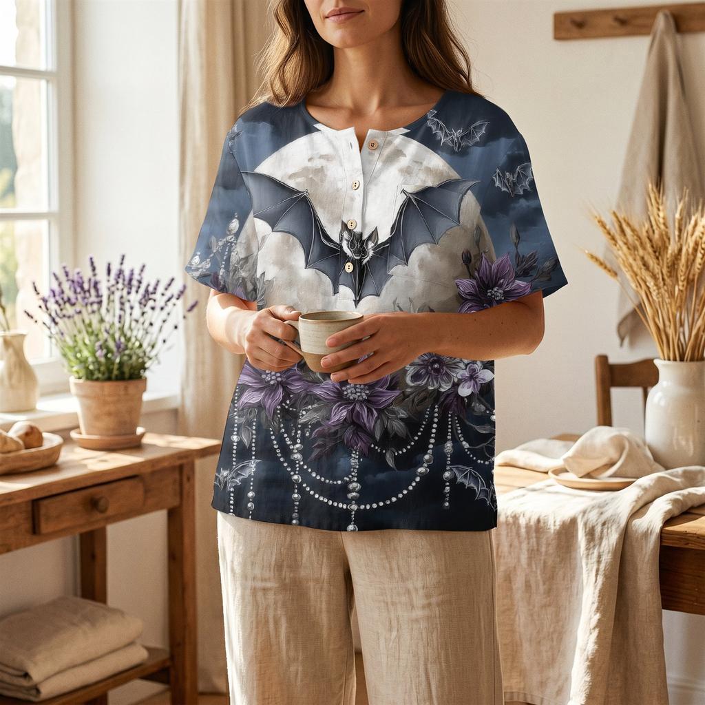 Women's Halloween V-Neck T-Shirt with Decorative Buttons and Three-Quarter Sleeves