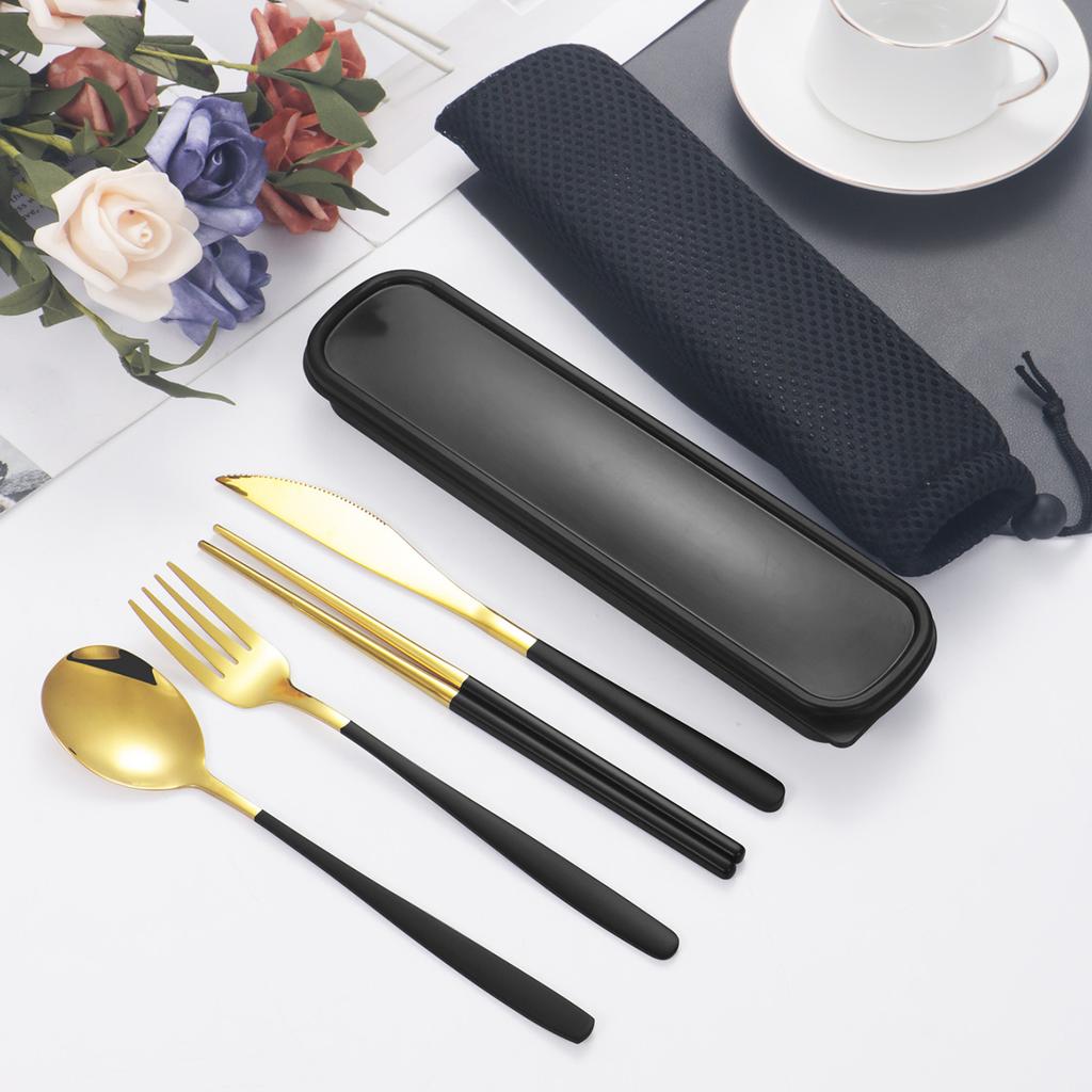 4pc Stainless steel tableware knife and fork spoon chopsticks tableware suit students go to school the portable suit