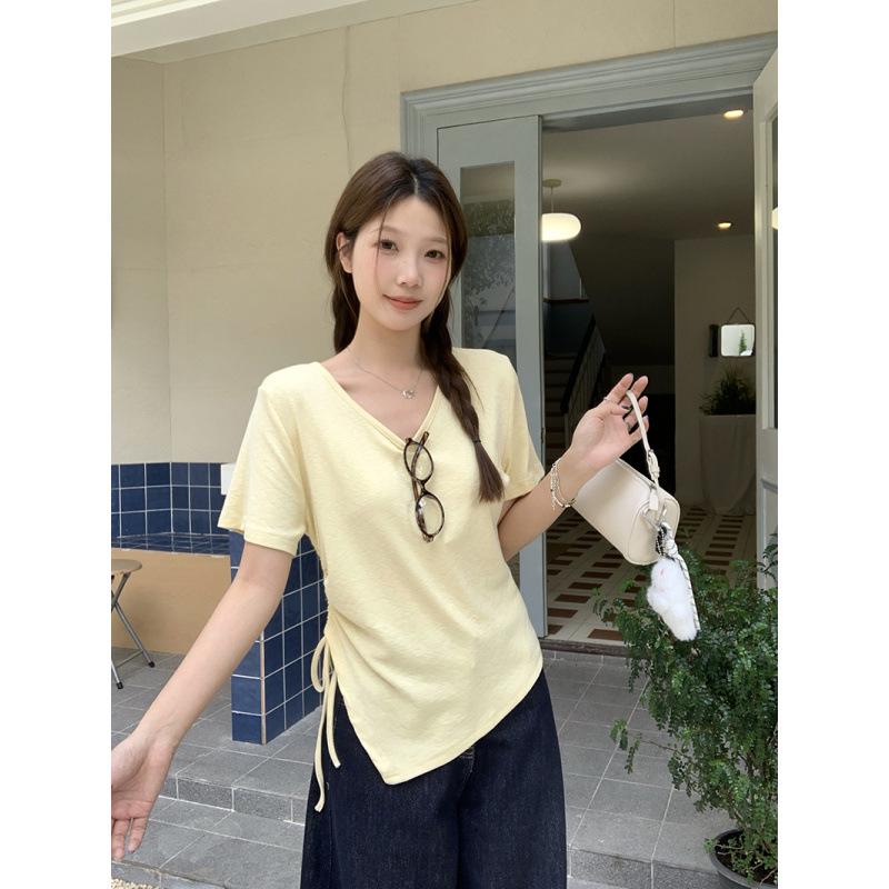 2026 Summer Plus Size Women s V-Neck Drawstring Casual Short Sleeve T-shirt L светло-желтого