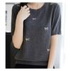 Women Summer Round Neck Short Sleeve Bow Embroidery Knit Casual Top