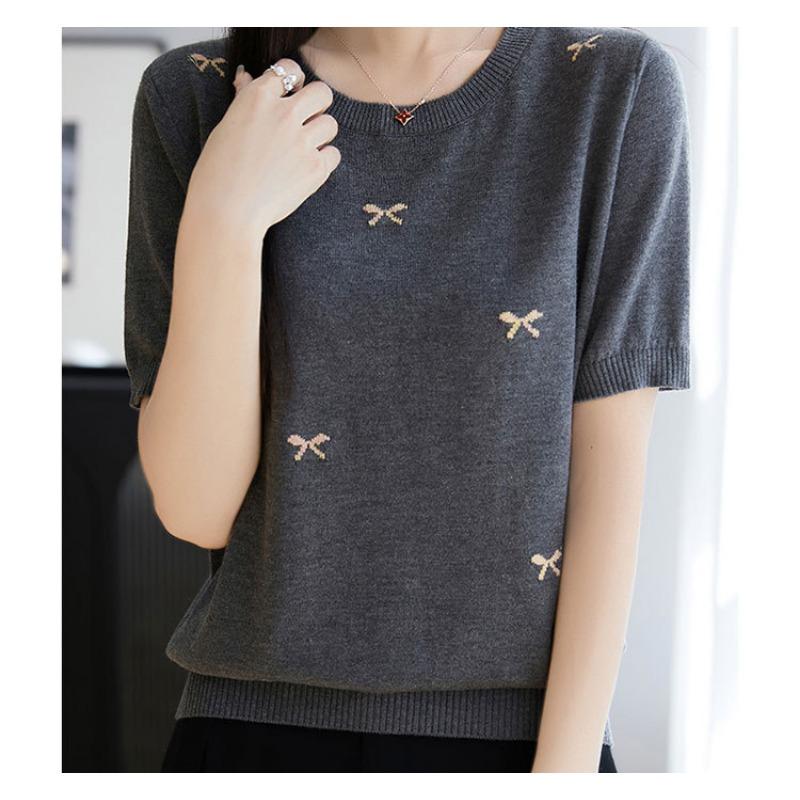 Women Summer Round Neck Short Sleeve Bow Embroidery Knit Casual Top