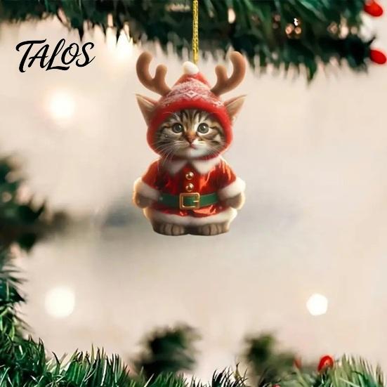 Cute Cat Christmas Decor Santa Ornament, Acrylic Car Mirror Hanging with Holiday Gift Packaging Embellishments Reindeer Antlers, 2D Bag Charm