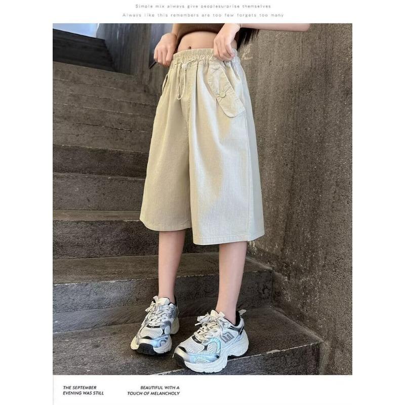 Casual Loose Elastic Waist Solid Thin Cropped Wide Leg Pants For Women