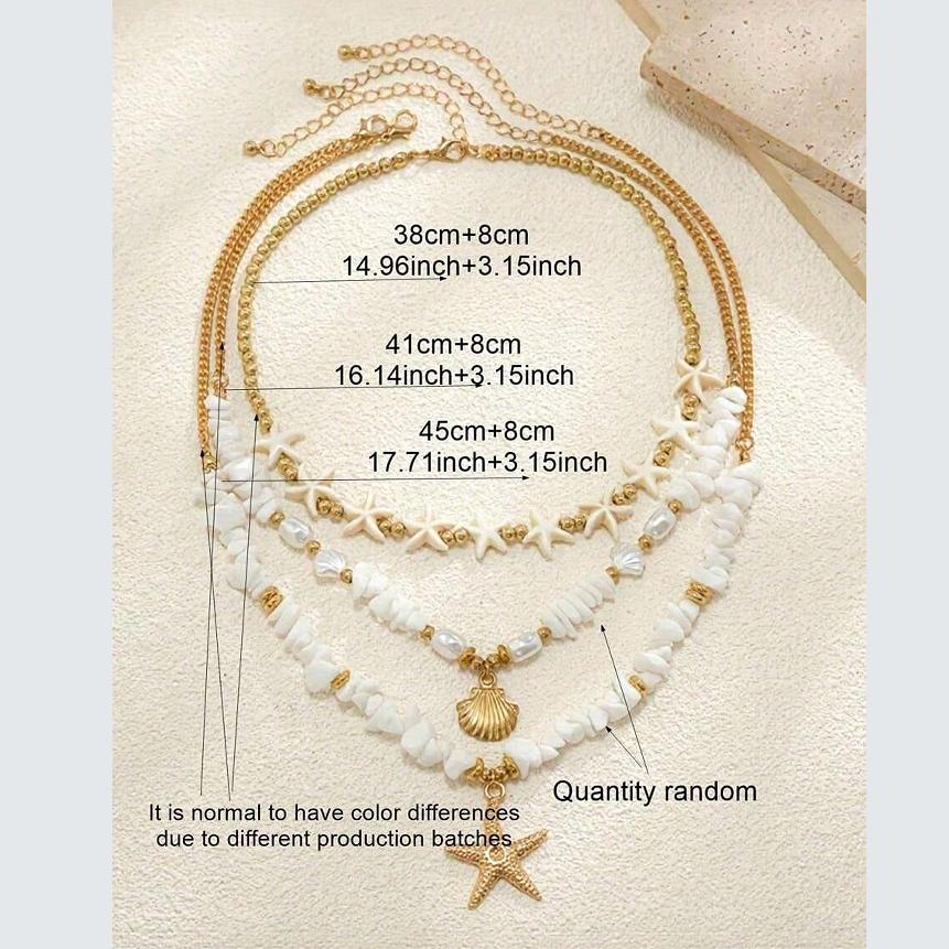 3pcs Bohemian Beach Vacation Personalized Random Stone, CCB Faux Pearl, Turquoise, Starfish, Seashell Pendant Necklace Set