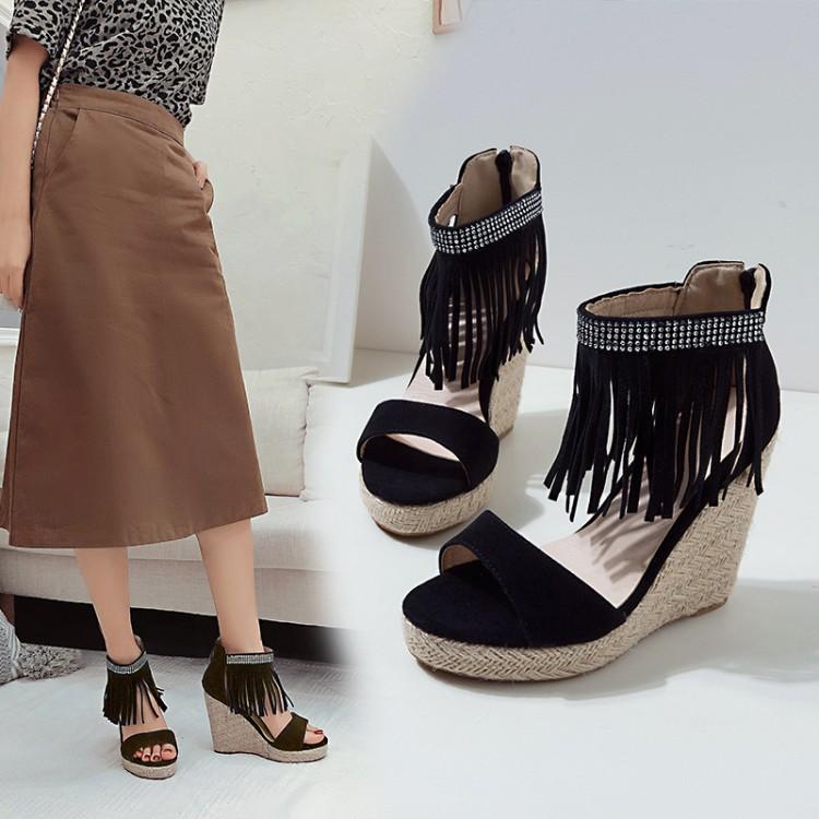 European and American Foreign Trade Sexy Rhinestone Fringed Fashion Slope Heel Sandals Women's Thin Heel Hollow Roman Shoes Large Size Women's Shoes