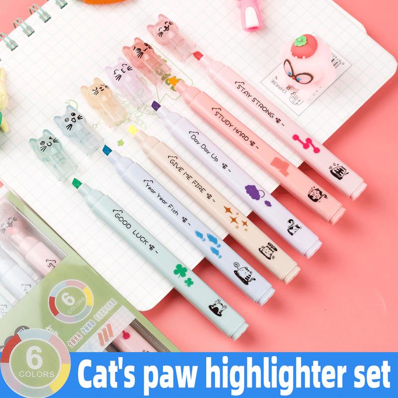 6 Pcs/pack Kawaii Cat Claw Pastel Color Highlighters Drawing Art Markers Fluorescent Pen Gift Stationery Charming School Supplies