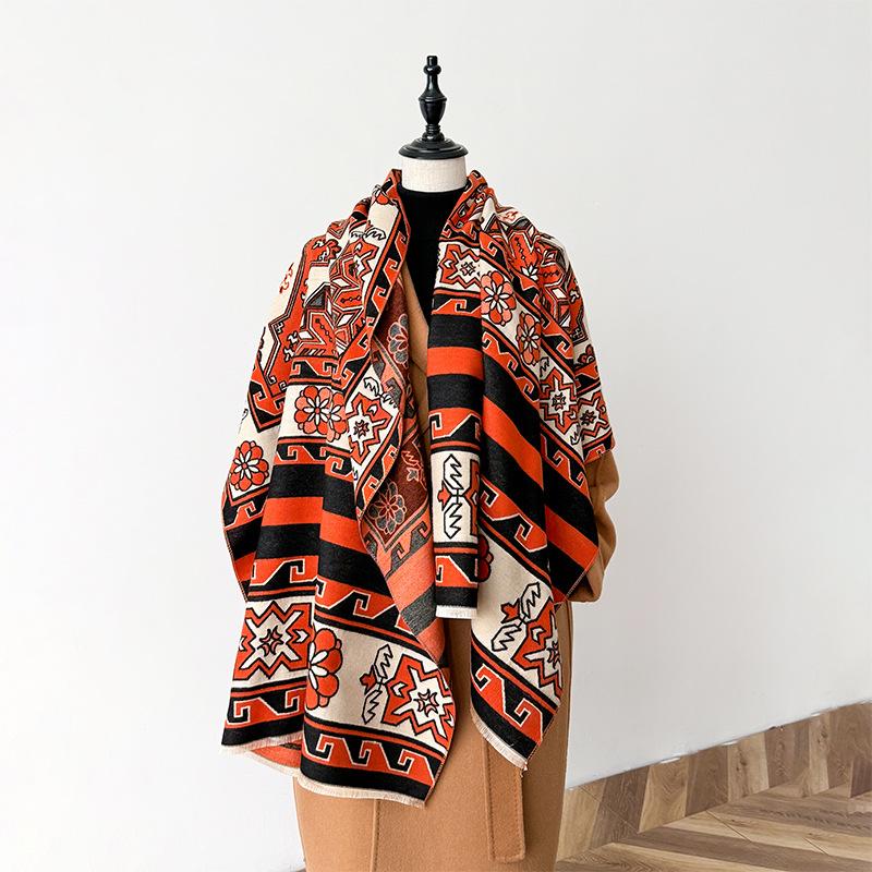 Literary And Retro Style Contrasting Colors, Double-Sided Imitation Cashmere Scarf, Winter High-End Warm Shawl
