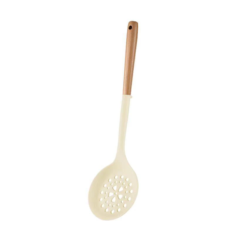 High-Temp Resistant Silicone Spatula Set: Non-Stick Pan Safe, Wooden Handle, Slotted Skimmer, Stand-Up Rice Spoon.
