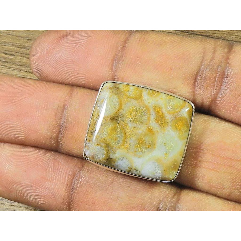 Natural Fossil Coral Solid 925 Sterling Silver Octagon Stone Ring Size US 7 MK-170