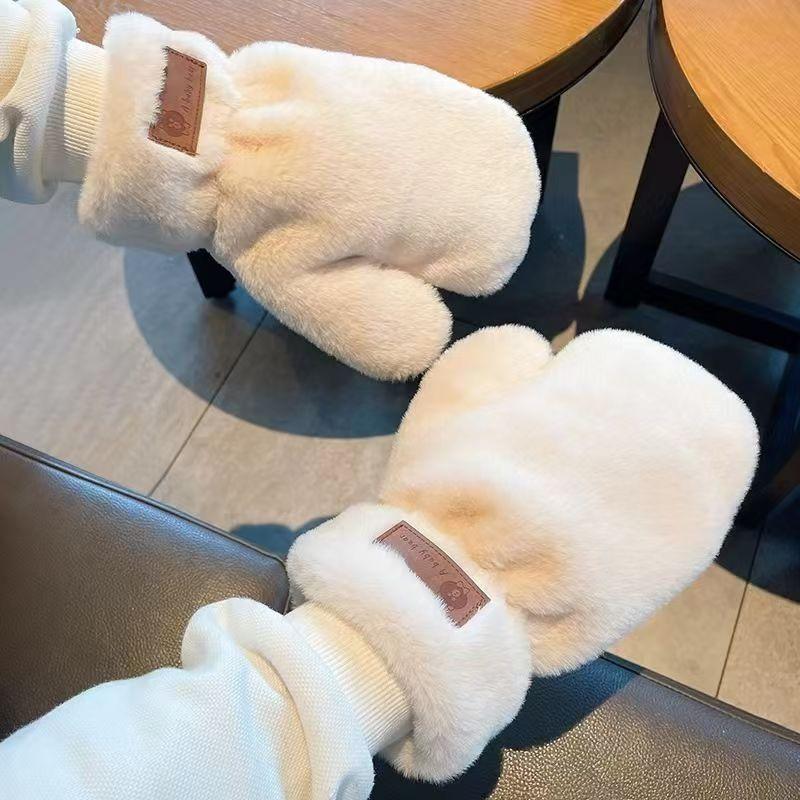 Winter Continuous Fingers To Ride A Bicycle Fashionable Cute Girl and Student Male Plus Velvet Imitation Rabbit Fur Gloves Warm Windproof Plush Gloves