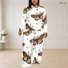 Women Plus Size White Printed Round Neck Long Sleeve Top And Long Pants Set