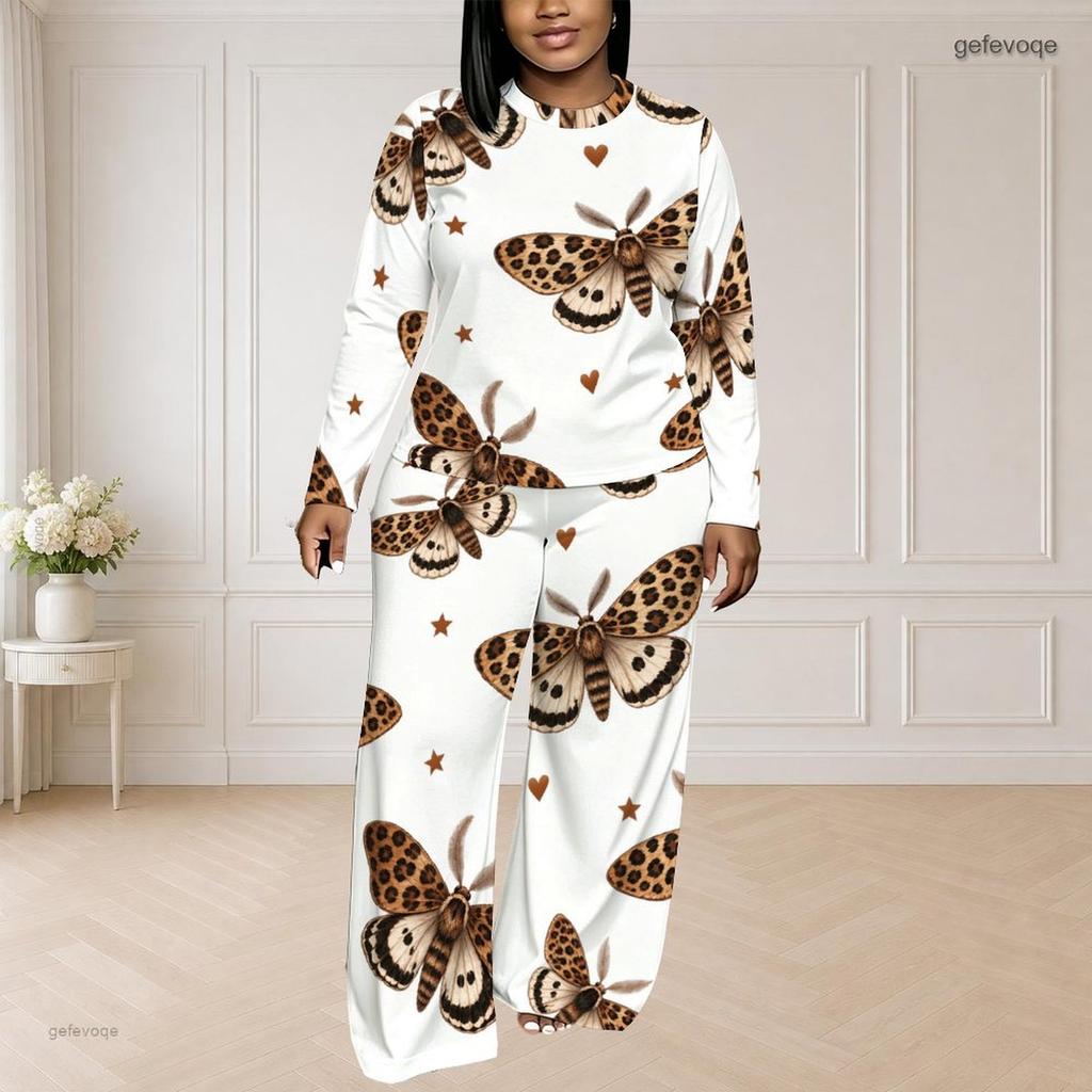 Women Plus Size White Printed Round Neck Long Sleeve Top And Long Pants Set