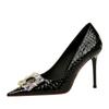 Women Elegant High Heel Stiletto Pumps Pointed Toe Black White Bling Metal Rhinestone Buckle Wedding Event Single Shoes