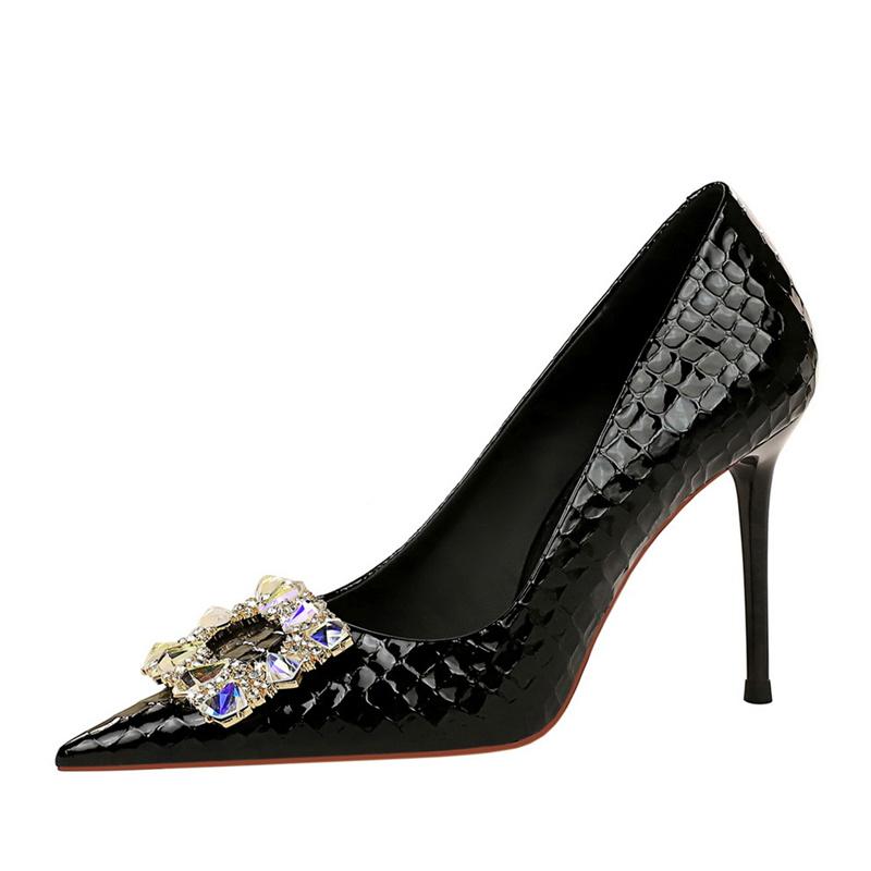 Women Elegant High Heel Stiletto Pumps Pointed Toe Black White Bling Metal Rhinestone Buckle Wedding Event Single Shoes