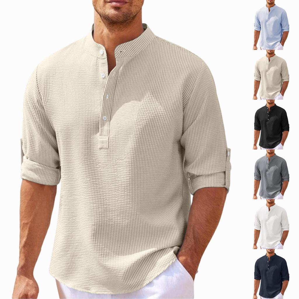 Men's Casual Long Sleeve Shirt Pullover Stand Collar Buttoned Henley Shirt Lightweight Relaxed Fit Top for Daily Wear
