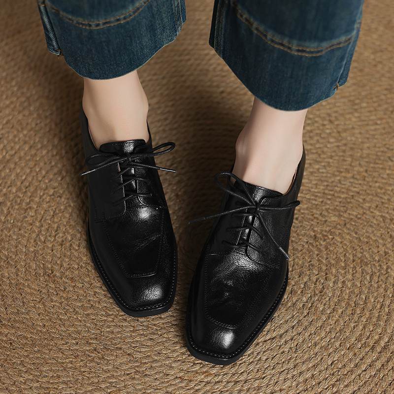 Krazing Pot Sheepskin Autumn Winter Shoes Lace Up Med Heels Size 42 Square Toe Brown Color Pumps