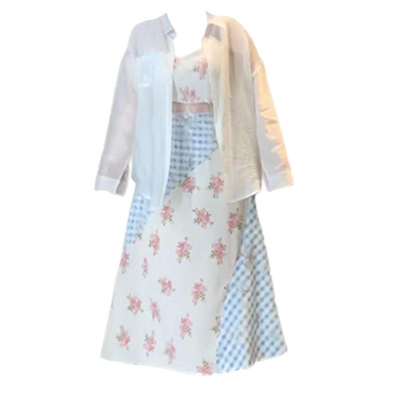 100.00kg Export Oversize Women's Clothing Plain Fur Amazon Fashion Vacation Style Plaid & Floral Print Suspender Skirt Cardigan