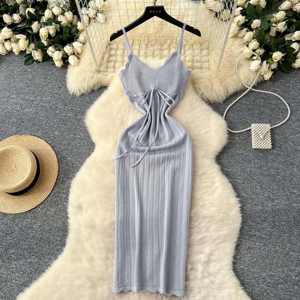 Plážové pletené dámské šaty s výstřihem do V, háček bez rukávů, květina s vydutým úpletem, volný čas, letní šaty s popruhem