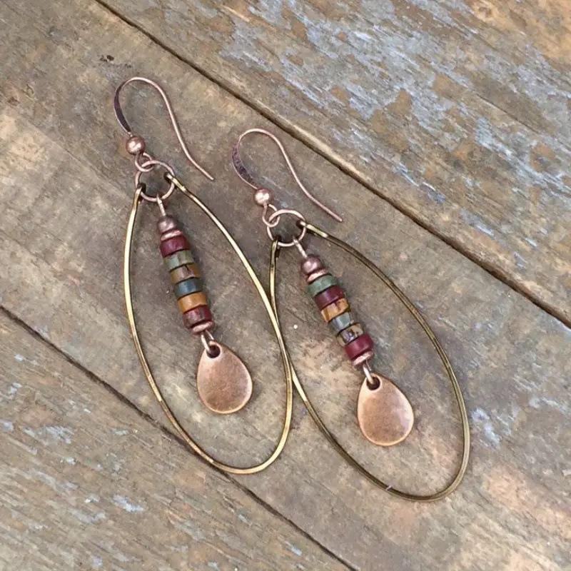 Huajie Boho Ethnic Style Oval Round Shape Pendant Earrings for Women Natural Stones Retro Fashion Ear