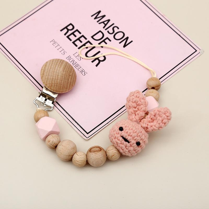Cute Cartoon Knitted Rabbit Pacifier Clip with Beech Wood Beads