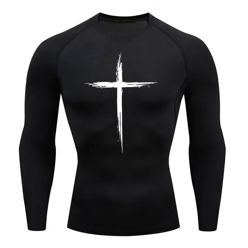 Men's Quick Dry Cross Print Sportswear Running Compression Tee Shirt Athletic Muscle Tshirt Fitness Gym Undershirt Sport Top