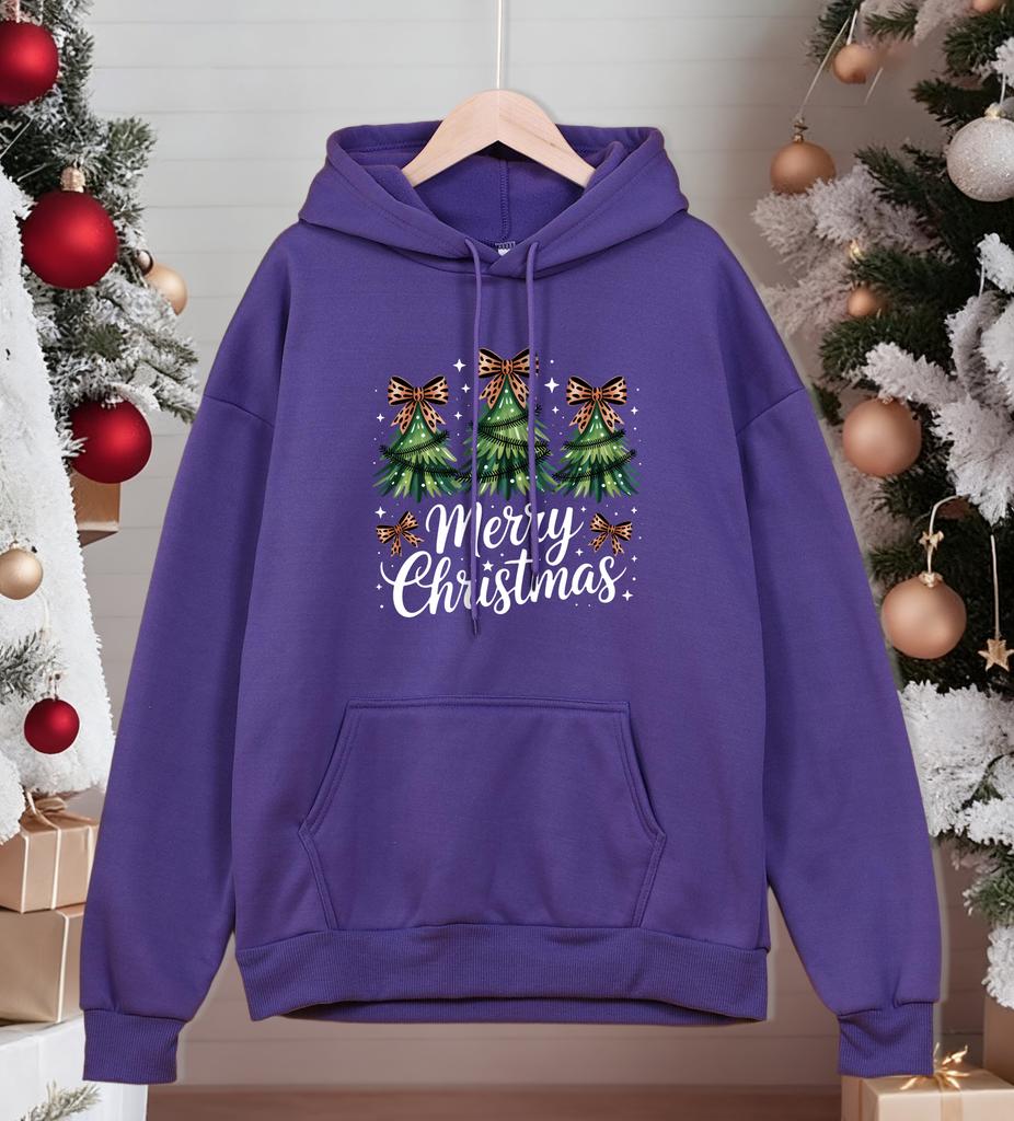 Merry Christmas Bow Trees Printing Hoodiy Men Loose Pocket Hoodies Casual All-Match Man Sportswear Fleece Fashion Pullovers