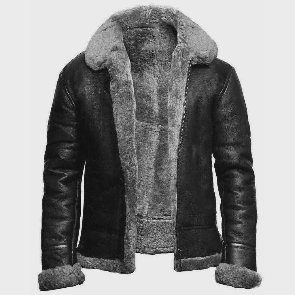 Men's Nordic Winter Faux Fur Coat with Zipper and PU Leather Collar.