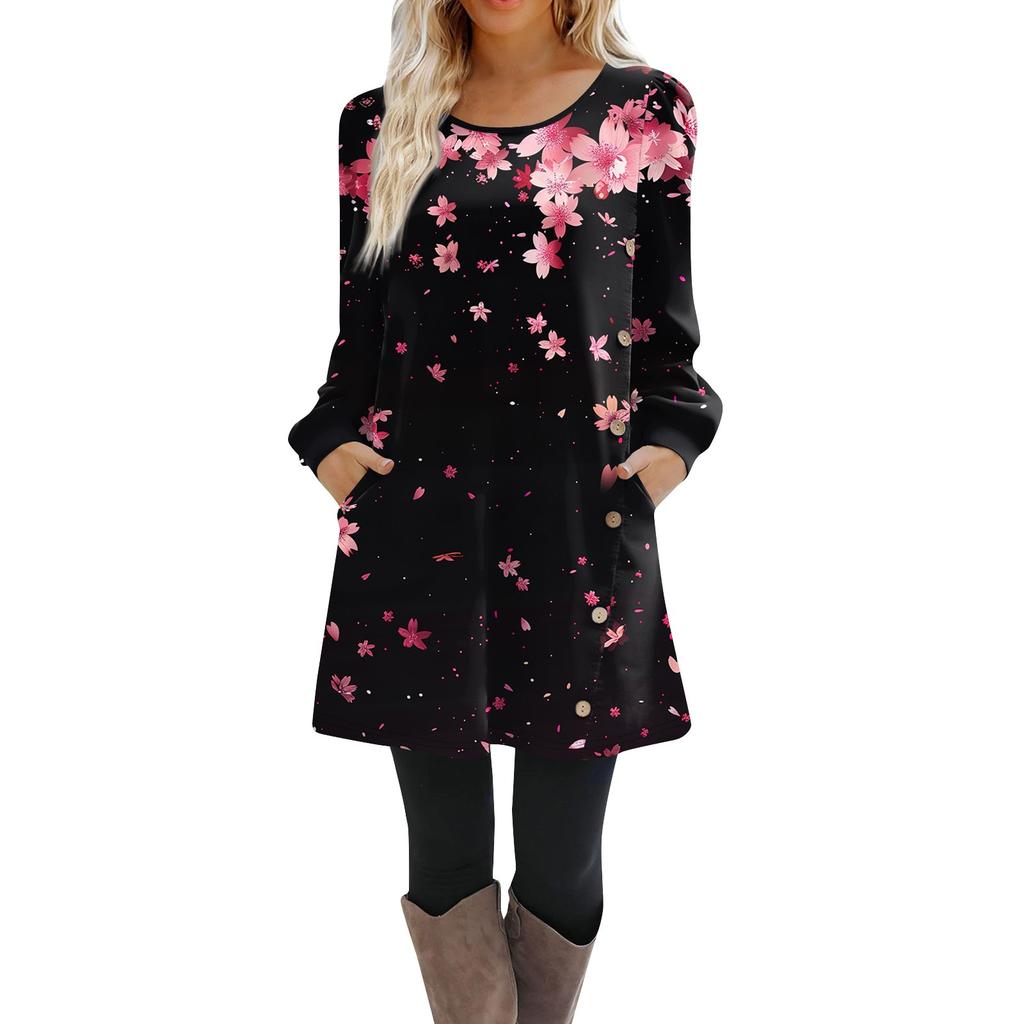 Damen Langarm A-Linien-Kleid Lässiger Pullover Mit Knopf Lockere Passform Kleid Mit Taschen