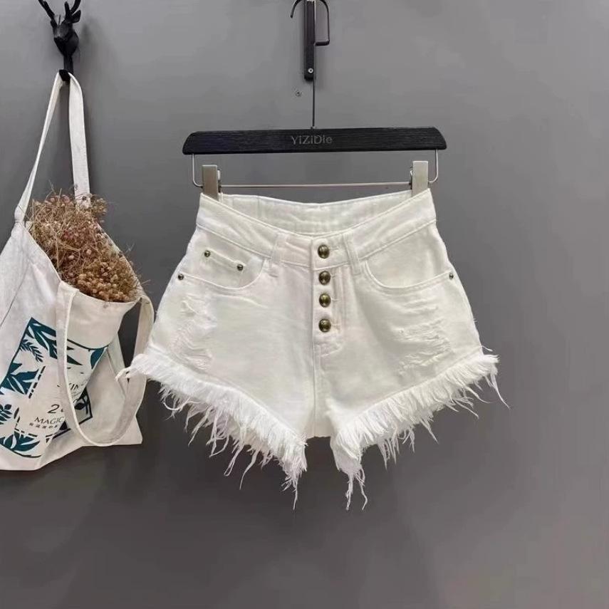 

American retro old ripped heavy industry fringed rough edge A-word super shorts Spice girl hip-wrapped single-breasted denim shorts XL