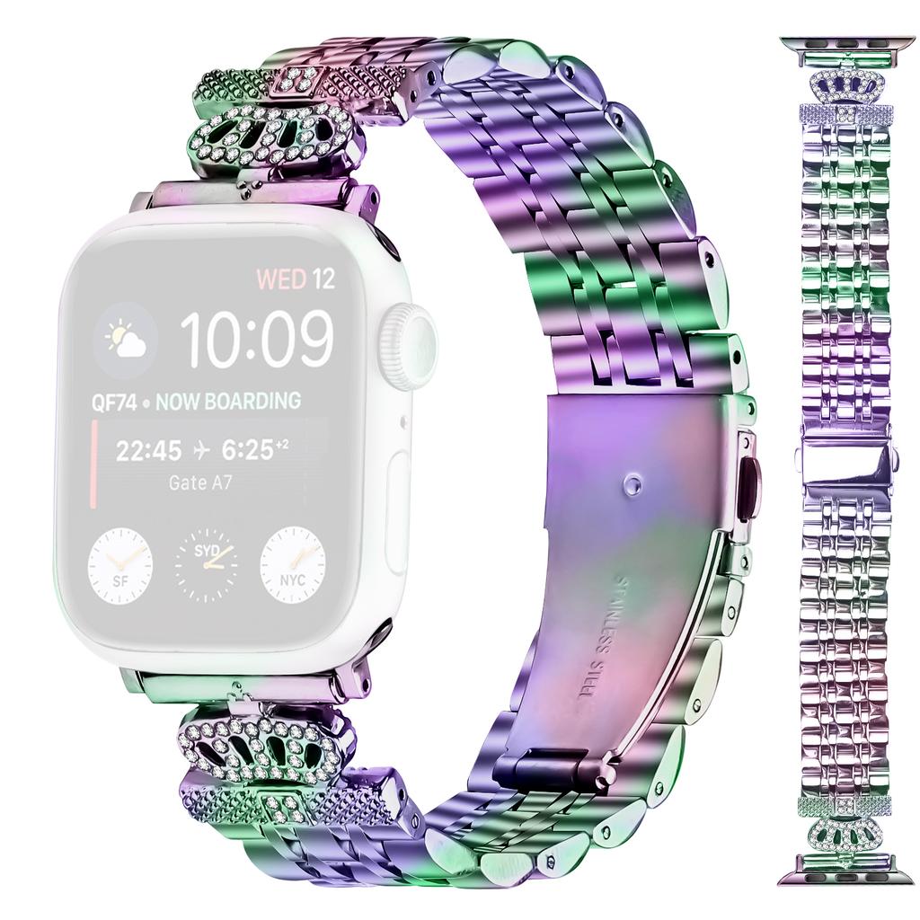 Watch Band For Apple Watch Series 10 9 8 7 SE 6 5 4 3 2 1 42mm 41mm 40mm 38mm 7-Bead Rhinestone Crown Stainless Steel Strap